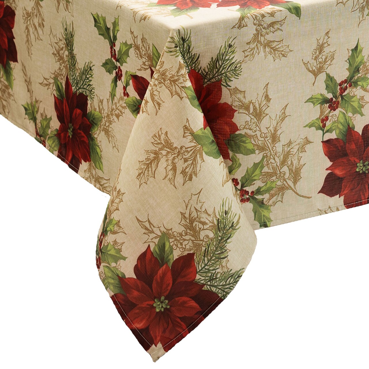 Threadmade Home Festive Poinsettia Holiday Fabric Tablecloth, Multicolor - 52"W x 70"L